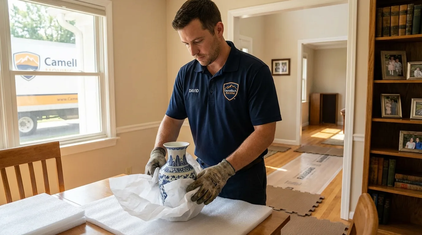 Professional crew carefully wrapping antique vase for senior downsizing move in Taylorsville, KY